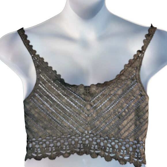 NEW POL S/M Dark Gray All Cotton Knit Cropped Knit Cami Top Crochet Style Sheer - Picture 7 of 13